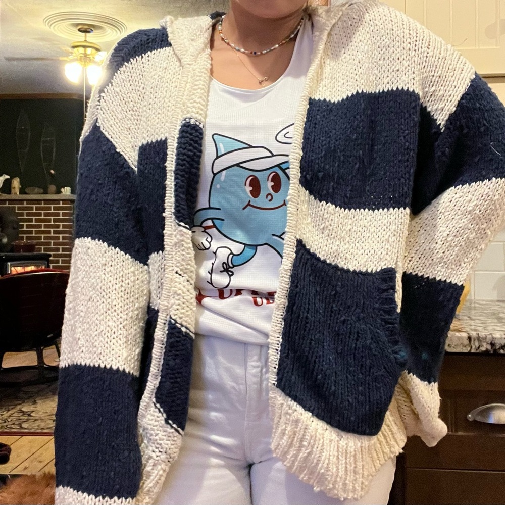 BDG Navy and Cream hooded Striped Cardigan